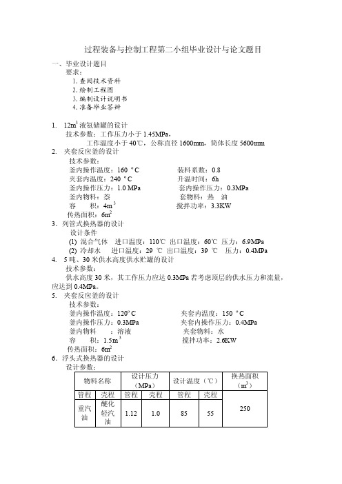 过程装备与控制工程毕业设计及论文题目