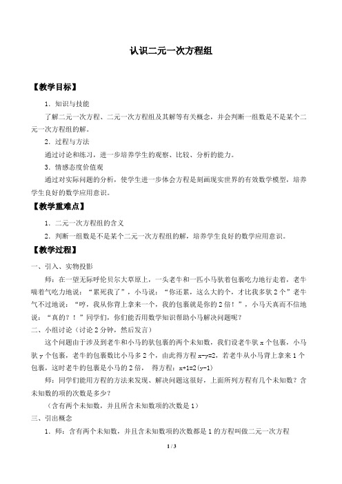 认识二元一次方程组 教学设计