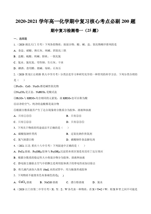 人教版高中化学必修一高一上学期期中复习核心考点必刷200题(原卷版)