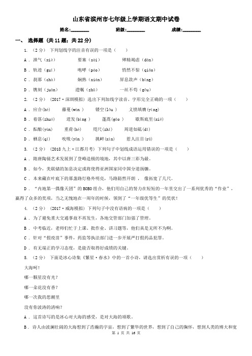 山东省滨州市七年级上学期语文期中试卷