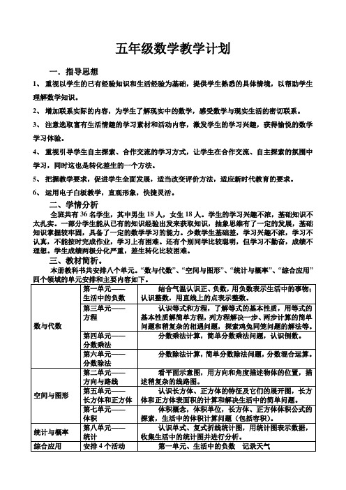 冀教版五年级数学下册教学计划2013-2014学年度