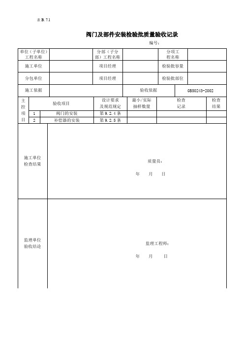 阀门及部件安装检验批质量验收记录