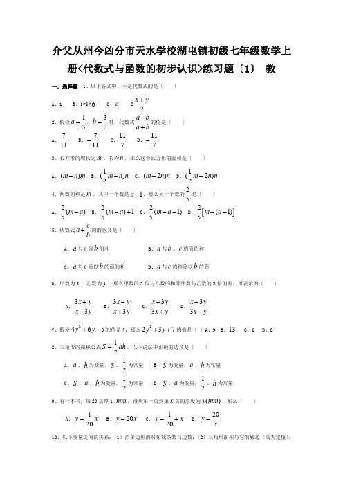 七年级数学上册(代数式与函数的初步认识)练习题(1) 试题