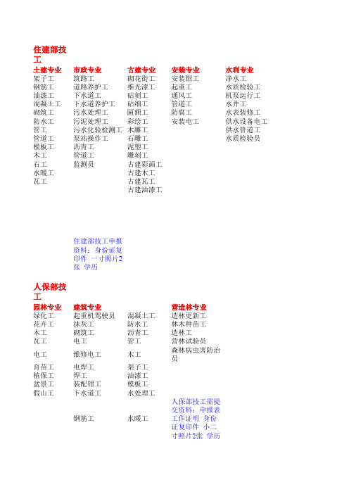 建设行业技工工种分类