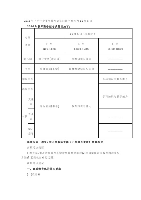 2016年下半年中小学教师资格证考试时间