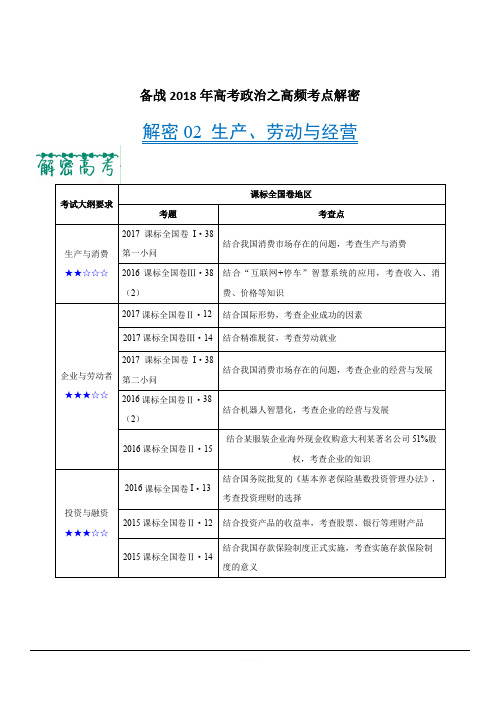 备战2018年高考政治之高频考点解密-解密02 生产、劳动与经营 含解析