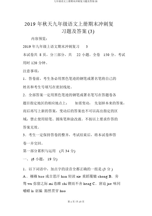 九年级语文上册期末冲刺复习题及答案(3)