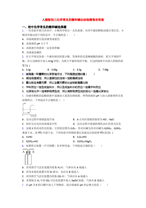 人教版初三化学常见的酸和碱达标检测卷含答案