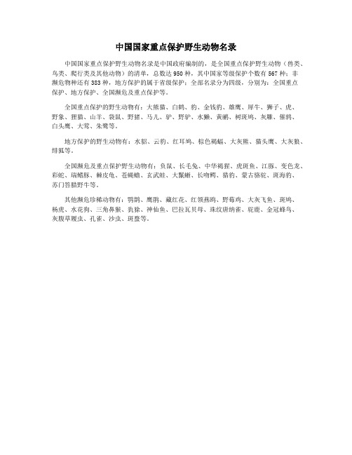 中国国家重点保护野生动物名录