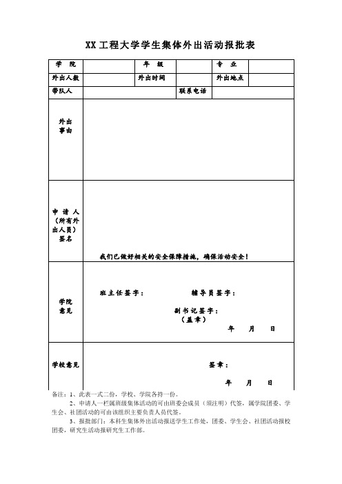 XX工程大学学生集体外出活动报批表