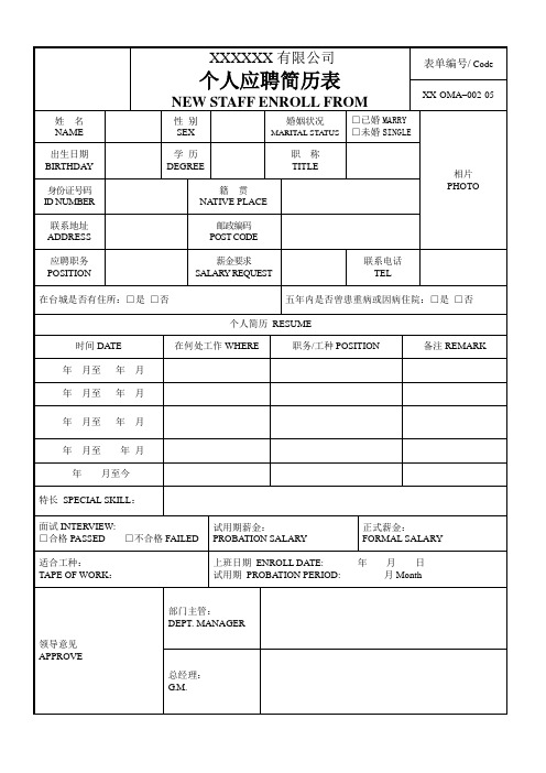 XXXXXX有限公司个人应聘简历表