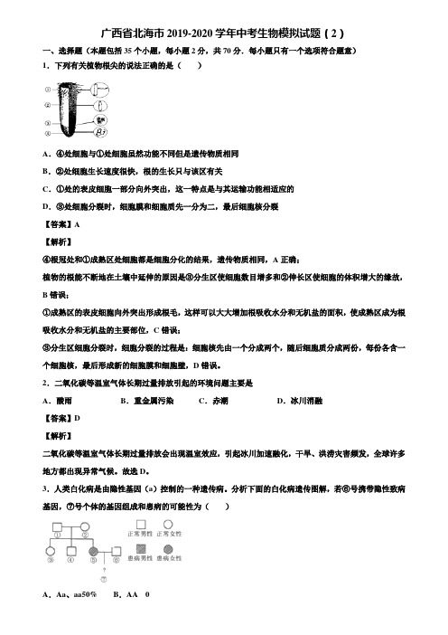 广西省北海市2019-2020学年中考生物模拟试题(2)含解析