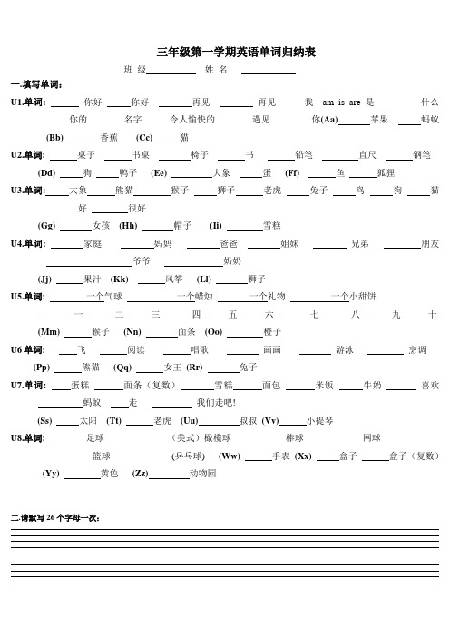 开心学英语 三年级上学期 单词归纳表