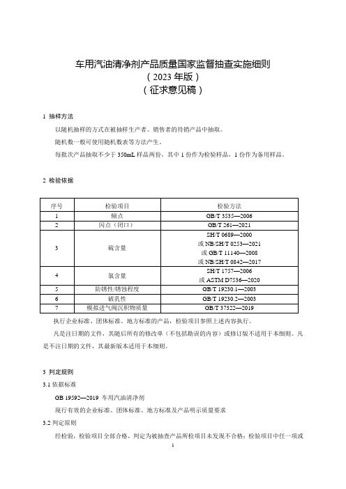 《车用汽油清净剂产品质量国家监督抽查实施细则(2023年版)》(征求意见稿)