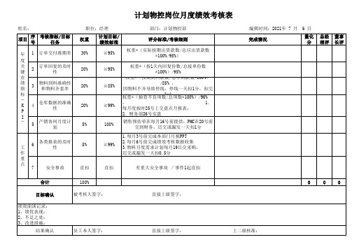 计划物控岗位月度绩效考核表