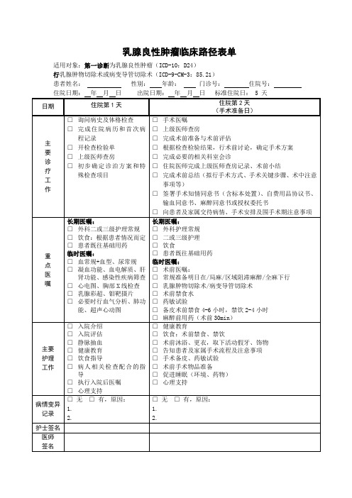 医院乳腺良性肿瘤临床路径表单