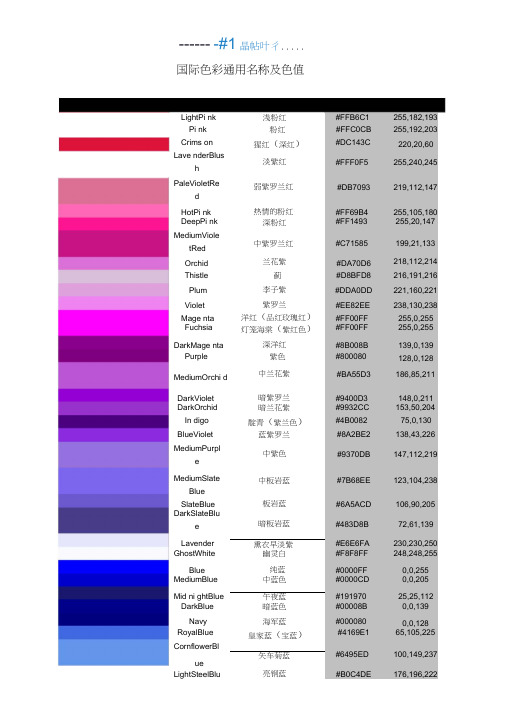 国际色彩通用名称及色值