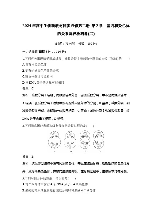 2024年高中生物新教材同步必修第二册 第2章 基因和染色体的关系阶段检测卷(二)含答案