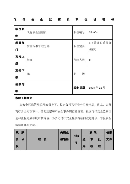 某航空物流公司飞行安全监察员职位说明书及关键绩效标准