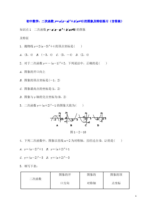 初中数学：二次函数y=a(x-m)2+k(a≠0)的图象及特征练习(含答案) (2)