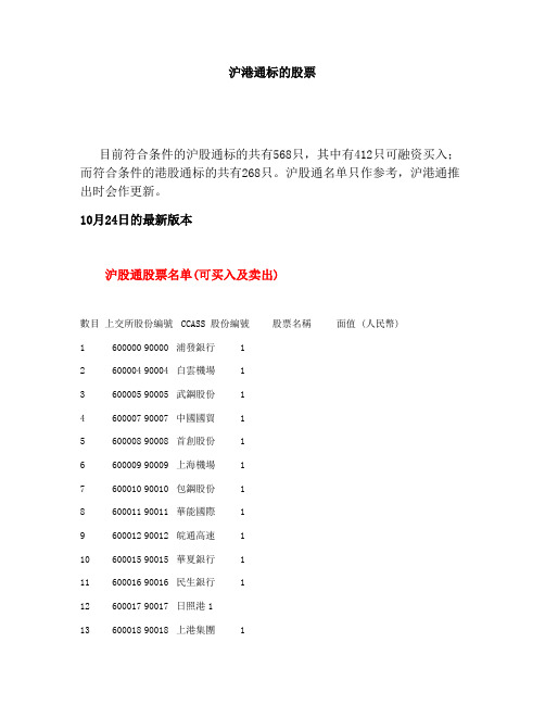 最新沪港通标的股票