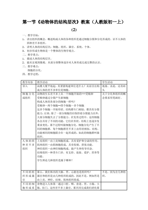 第一节《动物体的结构层次》教案(人教版初一上) (2)