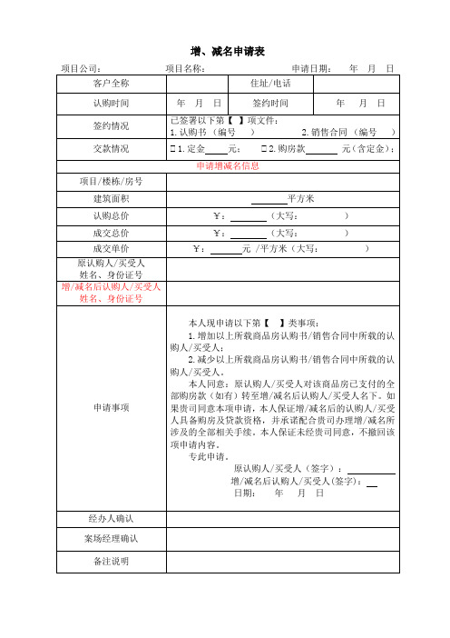 房地产销售--更名申请表(增名、减名)