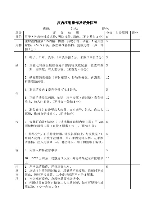 皮内注射操作及评分标准