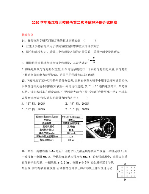 浙江省2020届高三物理第二次五校联考试题(答案不全)新人教版