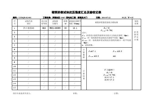 砌筑砂浆试块抗压强度汇总及验收记录