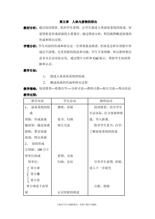 人教版生物七年级下册4.5《人体内废物的排出》教案