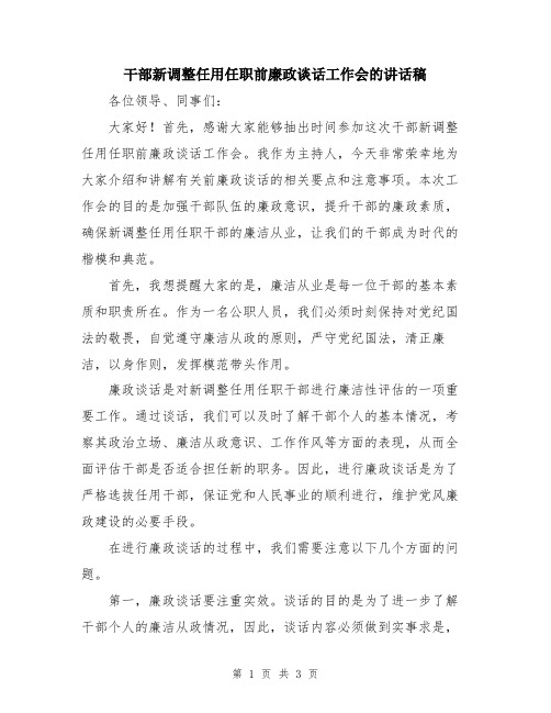 干部新调整任用任职前廉政谈话工作会的讲话稿