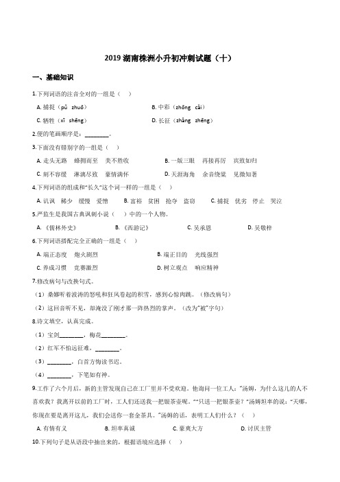 【人教课标版】六年级下册语文试题-2019湖南株洲小升初冲刺试题(十)含答案