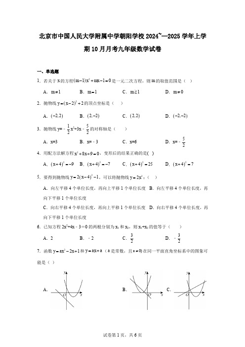 北京市中国人民大学附属中学朝阳学校2024~—2025学年上学期10月月考九年级数学试卷