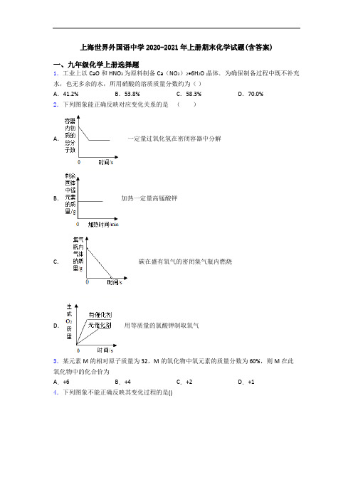 上海世界外国语中学2020-2021年初三化学上册期末化学试题(含答案)