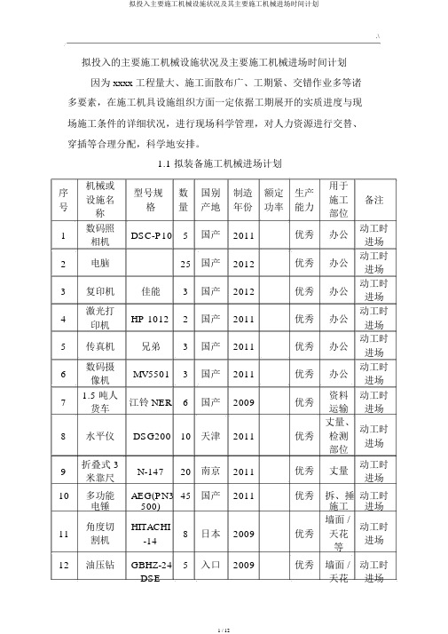 拟投入主要施工机械设备情况及其主要施工机械进场时间计划