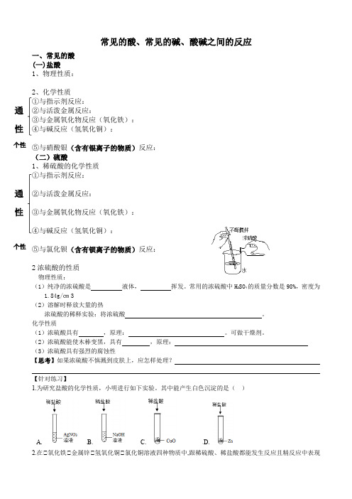 2020年中考复习(化学)常见的酸碱及其反应(知识点+典题精练)(无答案)