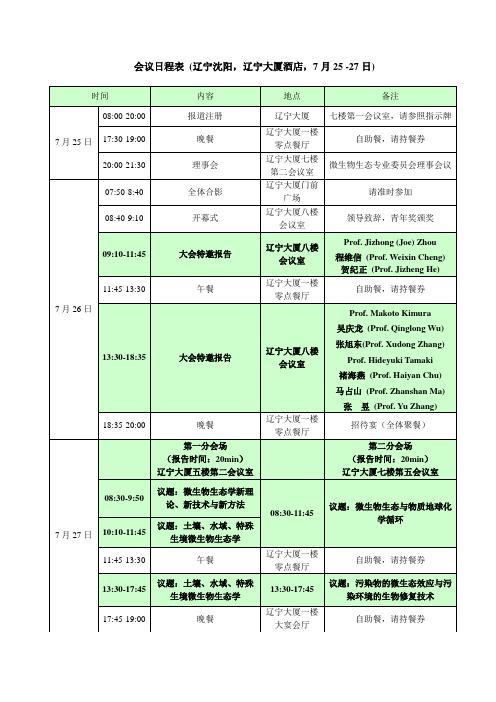 会议日程表(辽宁沈阳,辽宁大厦酒店,7月25-27日)