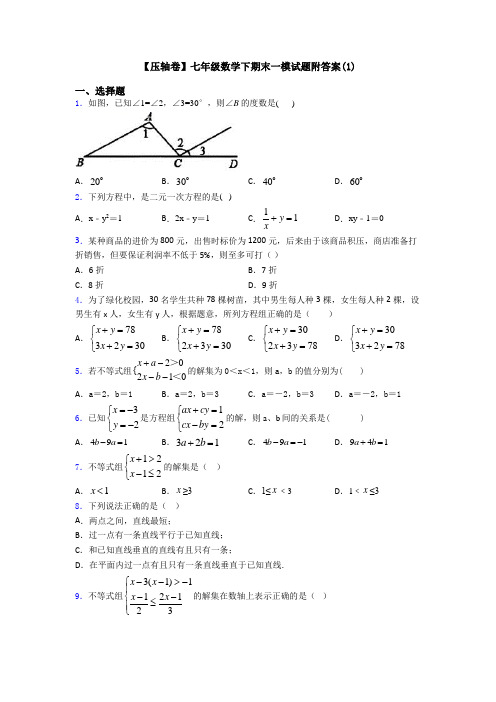 【压轴卷】七年级数学下期末一模试题附答案(1)