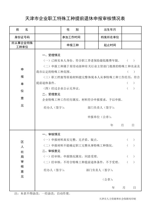 天津市企业职工特殊工种提前退休申报审核情况表