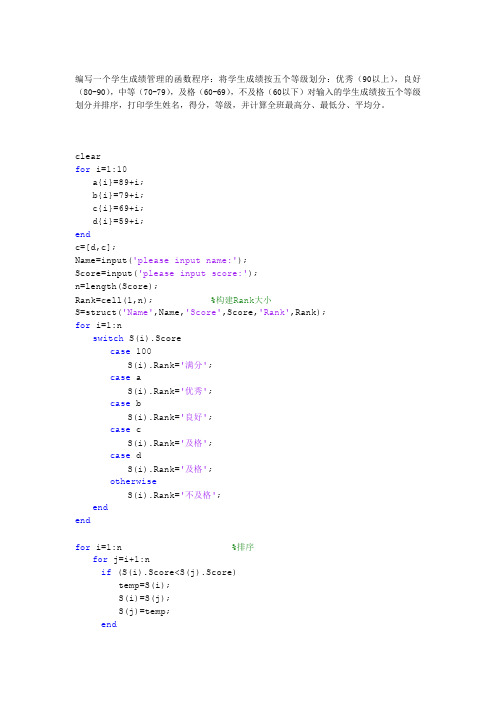 MATLAB实验(考试成绩排名)