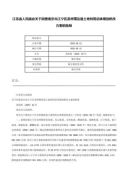 江苏省人民政府关于同意南京市江宁区及所辖街道土地利用总体规划修改方案的批复-苏政复〔2020〕82号