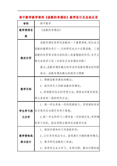 高中数学教学课例《函数的奇偶性》课程思政核心素养教学设计及总结反思