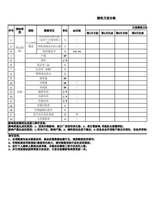 绩效考核指标检测月度台帐