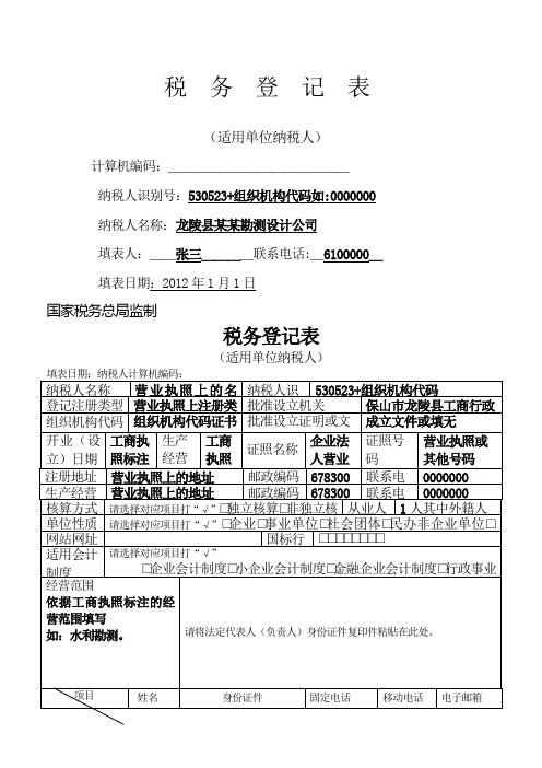 税务登记表填写样式