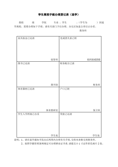 学生离校手续办理登记表(退学)