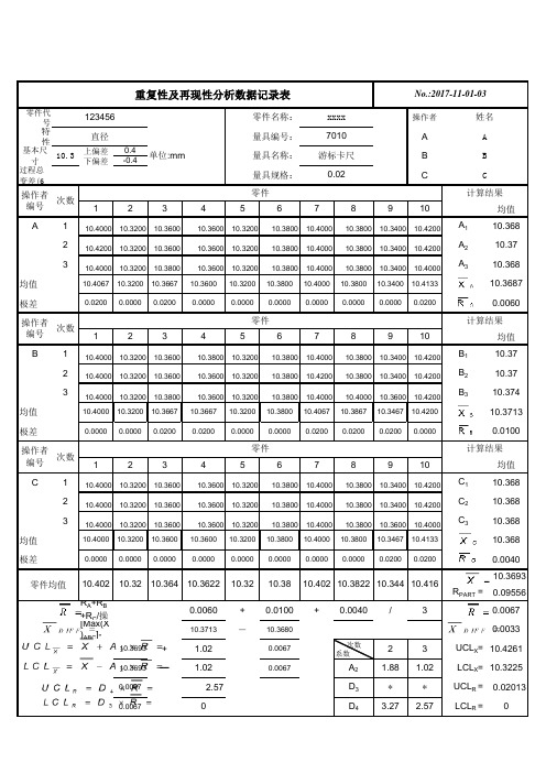 重复性及再现性分析数据记录表