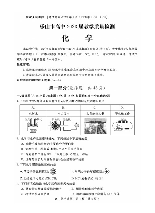 四川省乐山市2020-2021学年高一下学期期末考试化学试题(PDF版)