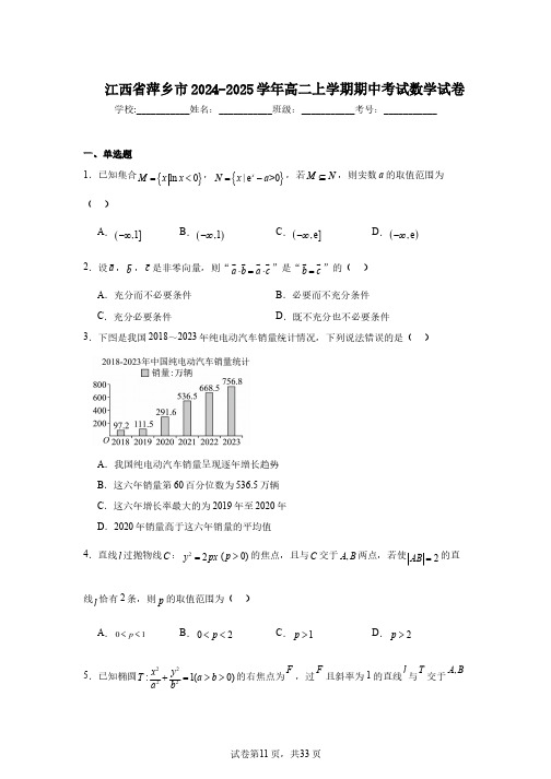 江西省萍乡市2024-2025学年高二上学期期中考试数学试卷