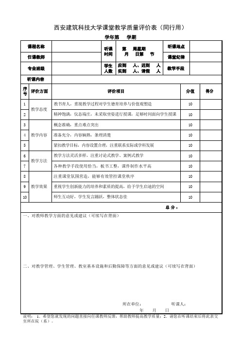 西安建筑科技大学课堂教学质量评价表同行用